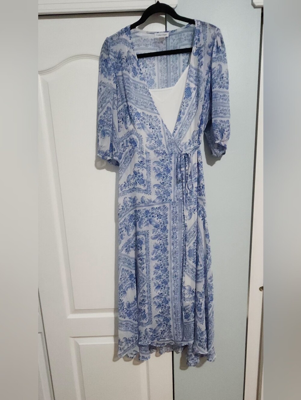 Calvin Klein Blue and White Floral Wrap Midi Dress